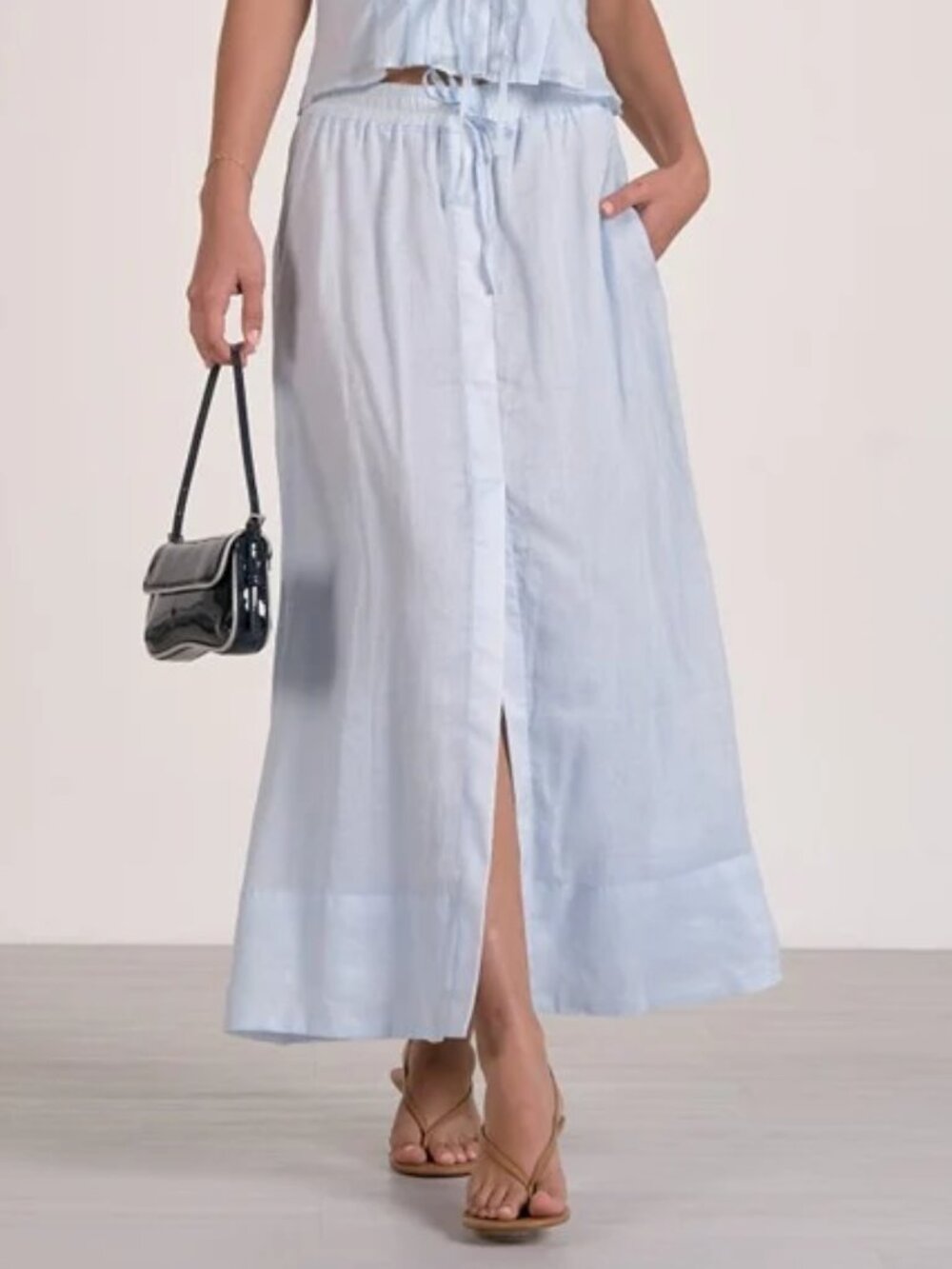 Elan Light Blue 100% Ramie Maxi Skirt Drawstring Waist Pockets Lined Size XS